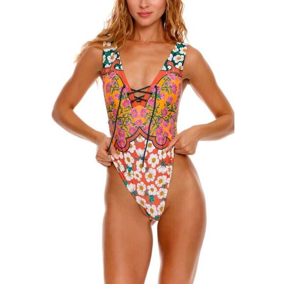 Agua Bendita Orange Priscila Nopal Lace-Up One-Piece Swimsuit size S - Picture 2 of 8